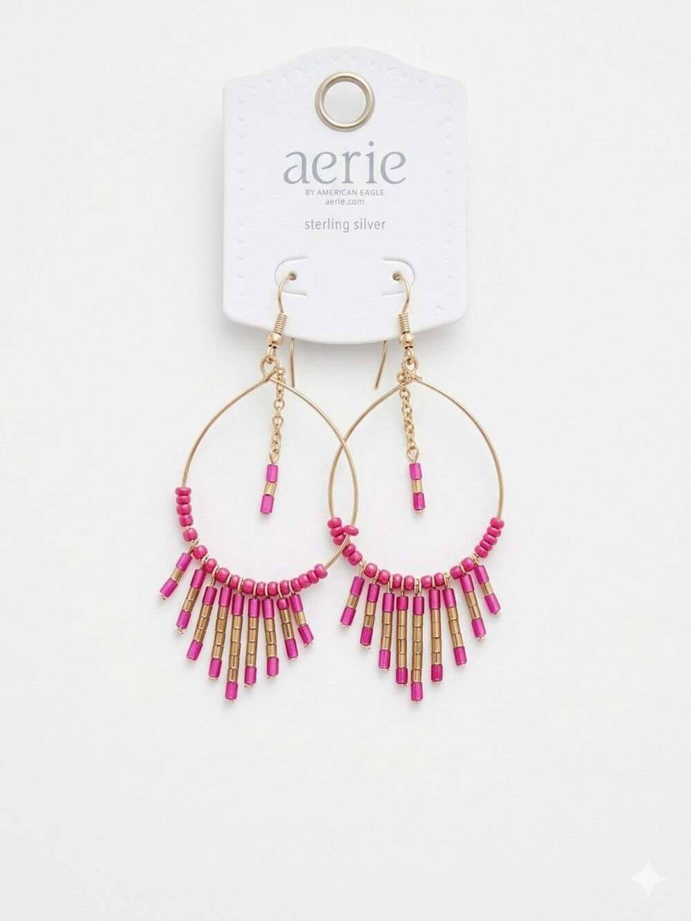 Aerie Beaded Fringe Hoop Earrings Pink Gold Tone New